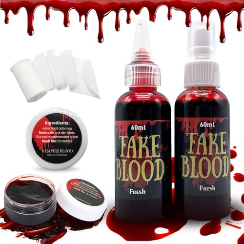Pardofelis Faux Sang Halloween, Faux Sang Halloween pour Visage, Spray de Sang, Faux Sang Gouttes, Faux Sang épais avec Bandage pour Le Maquillage de Zombie Vampire