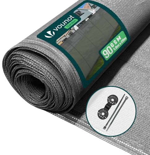 VOUNOT® Rete Ombreggiante 1.8×20m, Telo Frangivista Recinzione Giardino HDPE, Tessuto Ombra Privacy Antistrappo Antivento con Fascette, per Esterno, Serra, Balcone, Giardino, Grigio