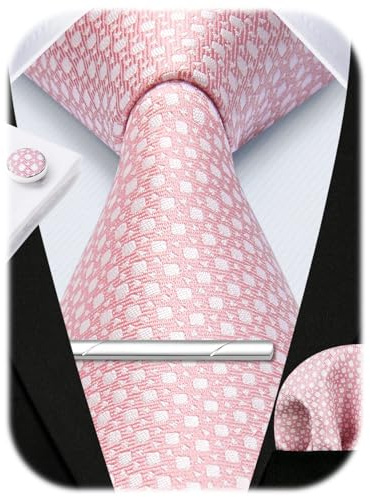 HISDERN Ensemble Cravate et Mouchoir de Poche pour Homme, Cravate à Carreaux, Boutons de Manchette et Pince à Cravate pour Mariage, Rose 2, taille unique