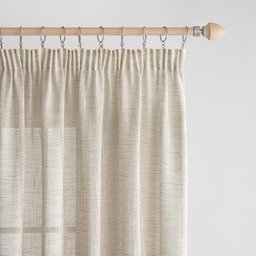 EMEMA Voile Vorhang Sheer Leinenvorhang mit Kräuselband Transparente Transparente Leinen Gardinen Wohnzimmer 2er Set Fensterschal Dekoschal Schlafzimmer 140 x 160cm (B x H) Bräunlich Weiß