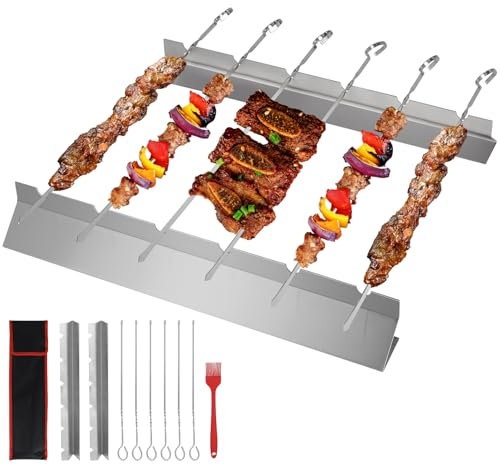 LALAGO 6pcs 39,5cm Brochettes pour Barbecue avec Support, Porte-Brochette en Acier Inoxydable, Brochettes à Viande avec Brosse et Sac pour les Barbecues au Charbon de Bois et Électriques