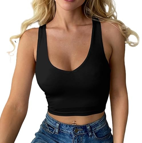 Haibang Canotta Donna Elegante Estive Crop Top Sexy Slim Fit Tank Top Senza Maniche Canottiera Corto Sportiva con Scollo a V Basic Aderente Sottogiacca Moda Maglietta Tinta Unita Shirt