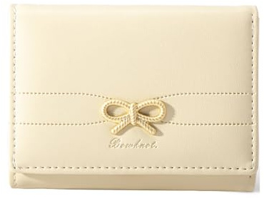 Süße Geldbörse Kokette Schleife Kleine Geldbörse Dreifach gefaltete ästhetische Bifold RFID-blockierende Kartenhalter Leder Mini Kurze Münzbörse mit Ausweisfenster für Frauen Mädchen Damen, Beige