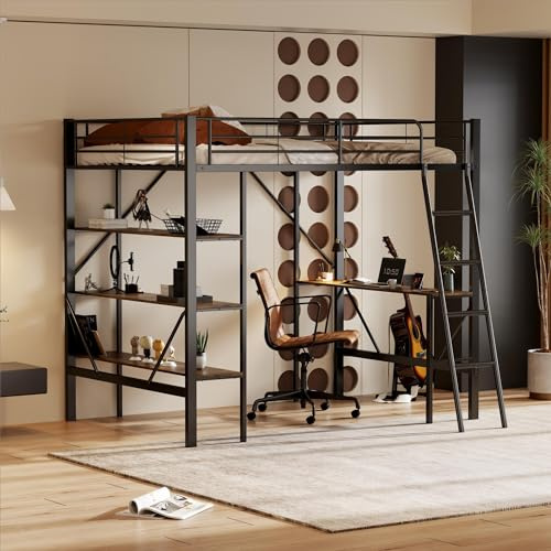 KUAKE Hochbett 90x200cm, Bettgestell Metallbett, Eisenbett für Kinder, Hochbett mit L-förmigem Schreibtisch, Jugendliche und Erwachsene (Schwarz)