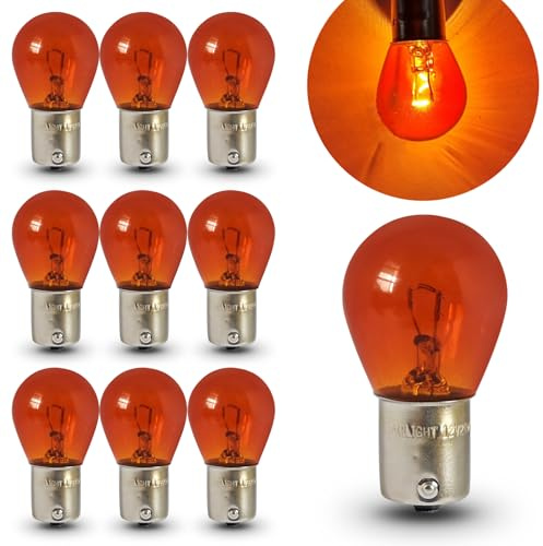 Tesnaao 10 PCS Car 1156 Turn Signal Light, P21W 1141 S25 Waterproof High Brightness Stable Filament Halogen Bulb, 12V 21W BA15S Single Contact Long Life Bulb Replacement, Universal for Cars (Amber)