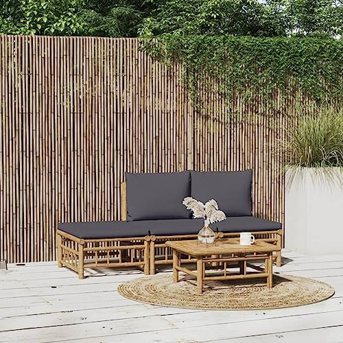KATERYY 4-TLG. Garten-Lounge-Set mit Dunkelgrauen Kissen Bambus,BambusLoungeSet für den Garten Gemütlich und robust für entspannte Stunden im Freien