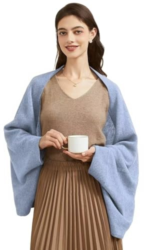 Huralona Kaschmir-Schal für Damen, offene Vorderseite, Wickelschal mit Ärmeln, warm, gestrickt, Poncho, Umhang, Herbst, Winter, Blau, Einheitsgröße