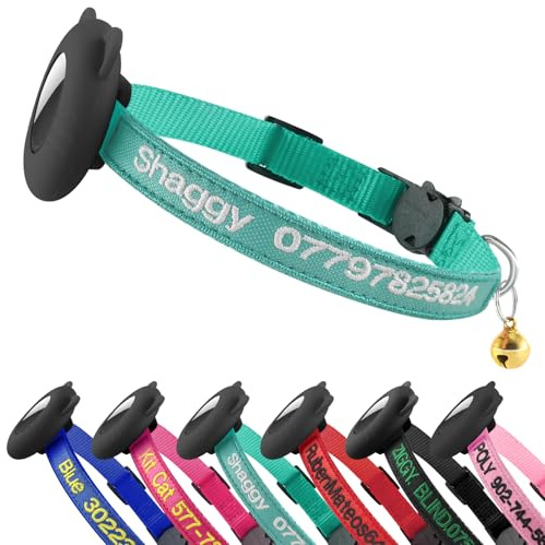 AirTag Katzenhalsband, personalisierbar, Nylon, mit wasserdichter Airtag-Hülle und Glocke, verstellbares Haustier-ID-Halsband mit individuellem Sticknamen und Telefonnummer