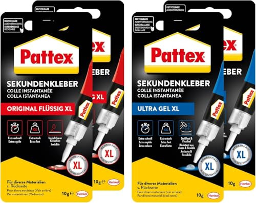 Bundle aus Pattex Sekundenkleber Flüssig, schnelltrocknender farbloser Flüssigkleber 2x 10g + Pattex Sekundenkleber Ultra Gel, extra starker & flexibler Superkleber 2x 10g
