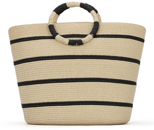 EVEOUT Strohtasche Damen Sommer Strandtasche Groß Boho Style Gestreifte Henkeltaschen Gewebte Strohkorb Tasche Strohstrandtasche