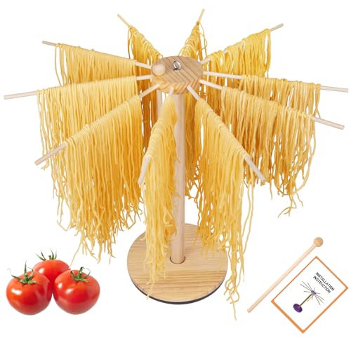 Wooden Collapsible Pasta Drying Rack,Essential for Homemade Pasta,Dryer Hanger Stand to Dry the Pasta Noodle Spaghetti,10 Arms(Hold up to 7 lbs),Transfer Wand for Pasta Maker,Rustic