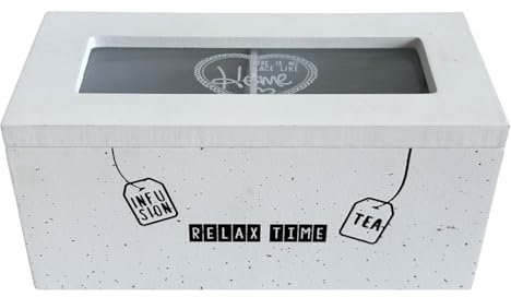 MA MAISON Scatola Porta Tè 8x16h cm con 2 Scomparti - Organizer per Bustine di Tè e Tisane, Arredo per la Cucina, Bar, Ufficio - Colore Bianco e Coperchio in Vetro con Scritte