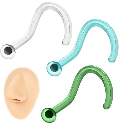 ZS 3Pcs Glass Piercing Retainers Clear Nose Rings Studs 14G 16G 18G | Curved Cartilage Conch Daith Helix Retainer, Tragus Bars Earrings, Nose Septum Piercing Jewelry for Men Women