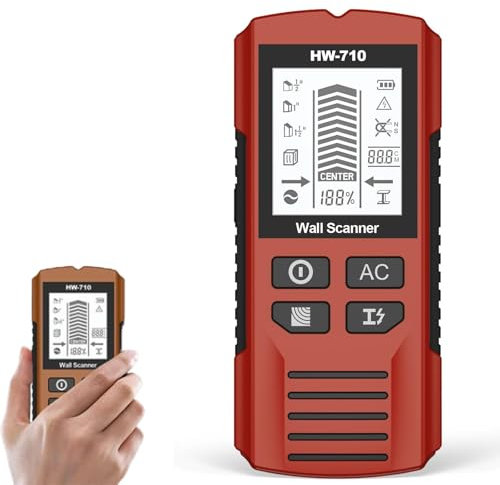 Detector de Metales y Pared portátil Multifuncional, Detector de Pared Multifuncional 4 en 1 con Sensor Inteligente, Pantalla LCD HD, posicionamiento preciso (Red)