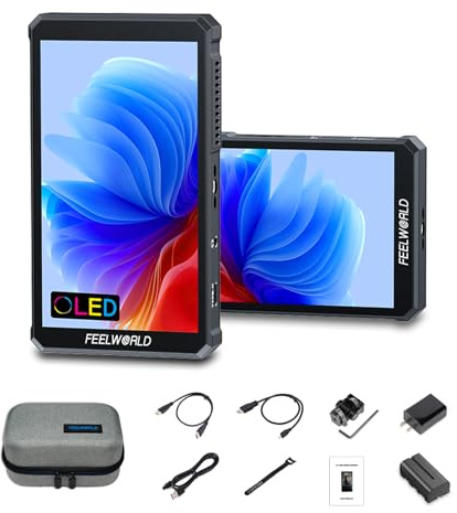 FEELWORLD PS6 Monitor da campo per videocamera da 5,5 pollici OLED verticale/orizzontale con batteria da 2200 mAh e borsa per videocamera, touchscreen, forma d'onda, 3D LUT, istogramma per cortometra