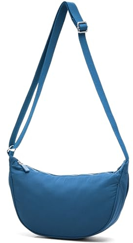 Mezzaluna - Borsa a tracolla da donna, in tessuto leggero, con tasca con zip, colore: cielo, Blu denim