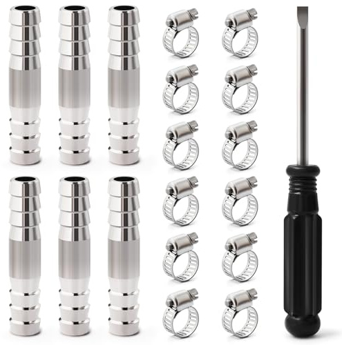 Josaton 6Pcs Hose Barb Fitting 10mm Barbed Hose Connector Stainless Steel 2 Way Straight Hose Fitting with 12Pcs Clamps for Air Gas Water Fuel
