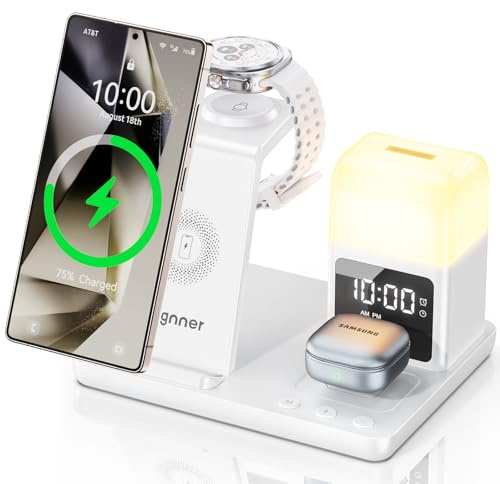 6 in1 Upgradierter Induktive Ladestation für Samsung mit Wecker & 3-Farben-Licht | Wireless Charger Stand 15W Schnellladung für Galaxy S25 S24 Z Fold6 Flip Note Galaxy Watch Ultra/6/5 Pro Galaxy Buds