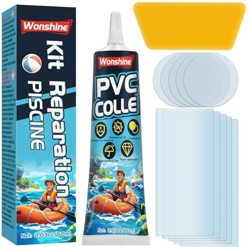 Wonshine Kit de Réparation Piscine, Rustine Piscines, Transparente Kit Reparation Spa Gonflable, Colle PVC pour Bouées, Produits gonflables, Matelas et Bateaux (60 ML)