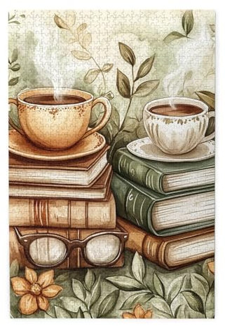 Cafemira chic Wooden Jigsaw Puzzle 1000 pcs,vintage-style books,steaming teacups,Adult puzzles game,Ideal for party game nights,Exercise your hands on skills,promote a warmer relationship,