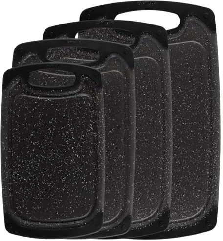 CHUIFAI Juego de 4 tablas de cortar de plástico con canalón para zumo, tablas de desayuno, tabla de cortar, tabla de cortar para frutas, verduras, carne, pan, apto para lavavajillas