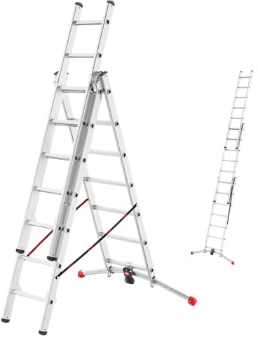 Hailo Leiter HobbyLOT, 3-teilige Alu-Kombileiter, 3 x 7 Sprossen, Aluminium Leiter, Lot-System, 150kg Belastbarkeit, Aluleiter ausziehbar, Anlegeleiter