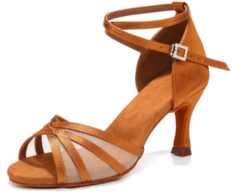ZYXWVU Zapatos de Baile Latino Mujer Satin Chacha Salsa Tango Práctica Sandalias,EM-960-Marrón-7.5cm,39 EU