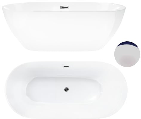 Aquauno - Baignoire autoportante ovale en acrylique sanitaire de qualité supérieure - Avec bonde clic-clac, trop-plein, couvercle, bonde en chrome - Baignoire design pour salle de bain moderne - 170 x