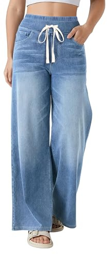 Fengbay Damjeans vida ben säckig stretch hög midja dragsko breda ben raka byxor damjeans, Ljusblå, XL