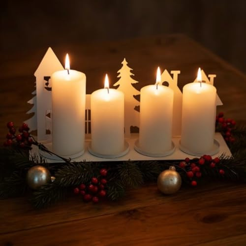 Kerzenhalter Winterdorf aus Metall für Stumpenkerzen - moderner Adventskranz in Weiß - Kerzenständer, Weihnachtsdeko