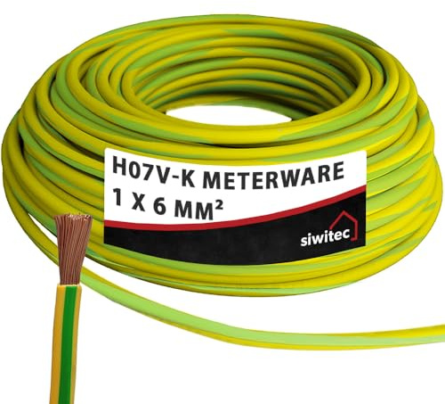 siwitec H07V-K Kabel 1 x 6 mm², Erdungskabel 6mm2, Erdungsleitung PVC feindrähtig, grün-gelb, Verdrahtungsleitung 450/750V, flexible Aderleitung, 3-100 m in der Auswahl - Ihre Länge: 1 m