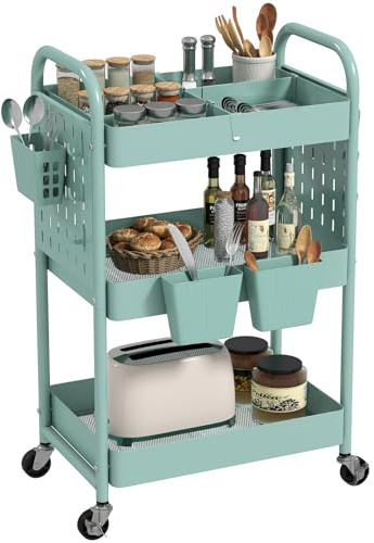 danpinera Rollwagen mit 3 Ebenen, Rollwagen Metall mit Trennwänden & Stecktafeln, Servierwagen, Bastelwagen, Küchenwagen mit Rollen für Küche, Wohnzimmer, Badezimmer, Haken und hängende Bechern, Grün