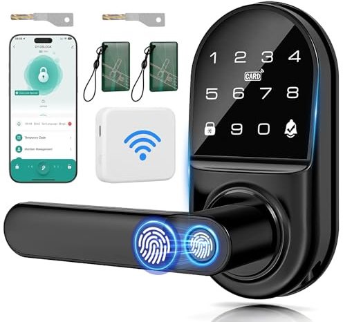 Smart Door Lock with【Gateway】, 7 in 1 Fingerprint Door Lock Remote App Control, Password, IC Card, Keys, NFC, Built-in doorbell for Front Door Bedroom Hotel Office Apartment and More