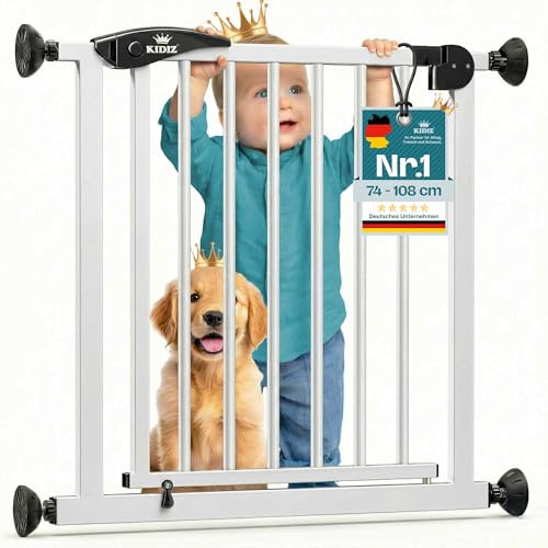 KIDIZ Treppenschutzgitter ohne Bohren | Verstellbare Breite: 81-87 cm, 75 cm hoch, Türschutzgitter und Absperrgitter für Kinder und Hunde, Beidseitige Einhand Öffnung, 90° Open-Stop System, W/Schwarz
