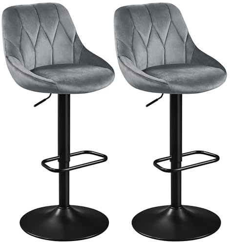 Yaheetech Lot de 2 Chaises de Bar en Velours Tabourets de Bar Moderne avec Assise Pivotante Réglable en Hauteur Cadre Métallique Galvanisé Repose-Pied pour Cuisine Salle à Manger Salon Gris Foncé