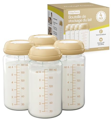BABYHAVEN – Lot de 4 biberons en verre 180 ml pour lait maternel – Sans BPA – Compatibles 99% tétines – Lave-vaisselle, réfrigérateur, congélateur et micro-ondes