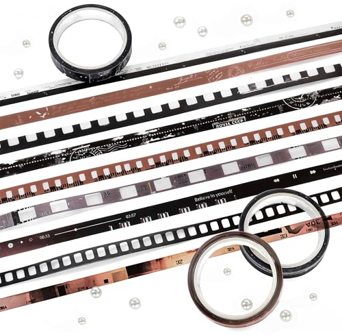 Mayplous 9 Rolls Filmstrip Sticker Tape Set, Thin PET Decorative Tape (7mm x 2m Each) – Vintage Film Strip Border Decoration for Scrapbooking, Journaling, Planners, Card Making, DIY Crafts (Reel)