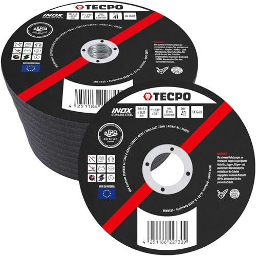 TECPO Lot de 50 disques à tronçonner - Diamètre : 180 mm - Pour meuleuse d'angle - Disques flexibles pour acier, métal et acier inoxydable (INOX) - 1,6 mm - 22,23 mm