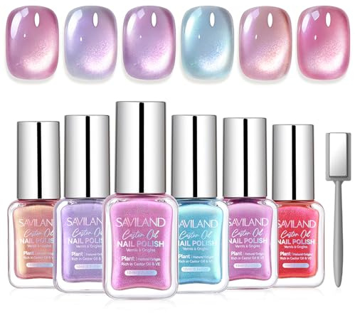 SAVILAND Cat Eye Nagellack Set mit Magnet, 6 Farben Nagellack Schnelltrocknend Nail Polish Ohne UV Lampe, Holografisch Magnetisch Maniküre Hellrosa Lila Rosenrosa, DIY Maniküre Geschenk