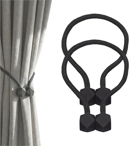 2 Stück Magnetische Vorhang Raffhalter Schwarz - Fensterdekoration Gardinenhalter, Magnetisch für Gardinen Holdbacks, Vorhang Seil Schnalle, Vorhangbinder Magnetisch, Vorhanghalter Schlafzimmer