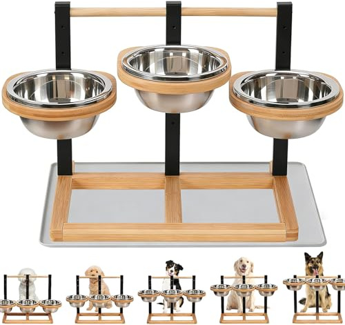 Elevated Dog Bowls Stand for Medium/Large Dogs, 5 Levels Adjustable Height Wooden Dog Bowl Stand with 3 Stainless Steel Bowls and Leak-Proof Mat, Raised Triple Dog Food Water Bowls Feeding Station