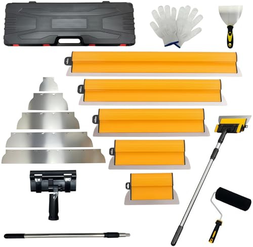15 Stück Flächenspachtel Set - Edelstahl Spachtel Werkzeug, mit Flächenspachtel 15cm, 25cm, 40cm, 60cm, 80cm & 5 Ersatz-Flächenspachtel & Teleskopstange, für Wandbearbeitung, Großflächiges Arbeiten