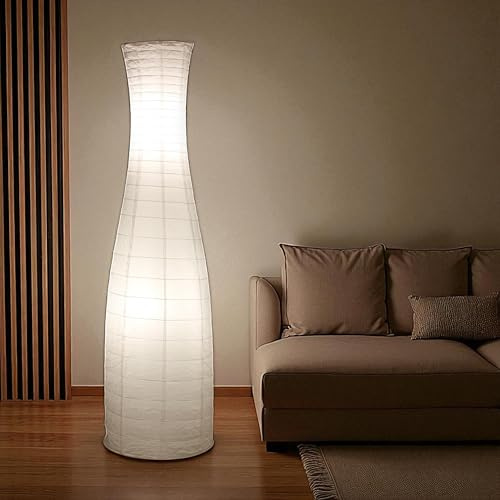 Trango Lampe de Sol LED en Papier de Riz – Modèle 1231L | Fabriquée à la Main | Abat-jour Blanc + 2 Ampoules LED E14 Incluses | Forme Ronde | Hauteur 125 cm | Lampe sur Pied pour Salon