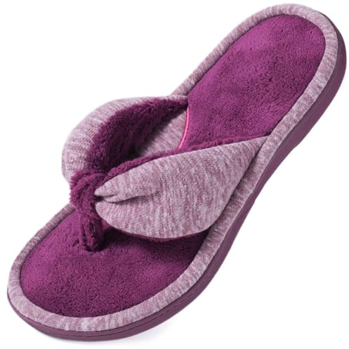 Wishcotton Ladies Memory Foam Flip Flop Slippers, Womens Adjustable Terry Cozy Spa Thong, Purple/Red, UK 7-8