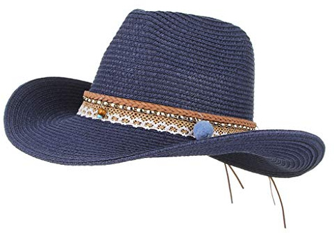 Unbekannt Damen Cowboy Hüte Westernhut Sonnenhut Breiter Krempe Gartenhut Hut Strandhut mit Pompoms Deko