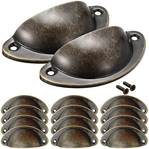 Poignée de Coquille, NALCY Bouton de Porte de Demi-Cercle en Fer Vintage, Rétro Poignee de Meuble,Fer Incurvé Bouton de Porte de Placard Retro, 82mm, Avec Vis (12 Pièces, Bronze)
