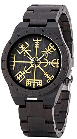 YCYR Herren Holzuhren, Nordische Wikinger Rune Vegvisir Vintage Quarzuhr, Unisex Verstellbares Holzarmband Handwerk Lässig Armband Geschenk