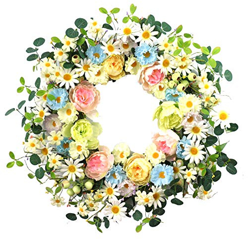 Künstlicher Blumenkranz, Gänseblümchen und Rosenkranz, bunt, Frühling/Sommer, Blumenkranz für Haustür, Wand, Fenster und Urlaub, Festival, Party, Blumenstrauß, Hochzeitsdekoration