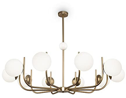 Rendez-vous Moderner Kronleuchter XXL, 10-flammig, Messing und Weiß, Kugelschirme, groß, Kreatives Design, für 10 xE14 40W nicht inkl. für Wohnzimmer, Büro, Esszimmer, Schlafzimmer