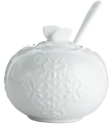 Sizikato Sucrier en porcelaine blanche avec couvercle papillon et cuillère, 236,8 g, fleur en relief
